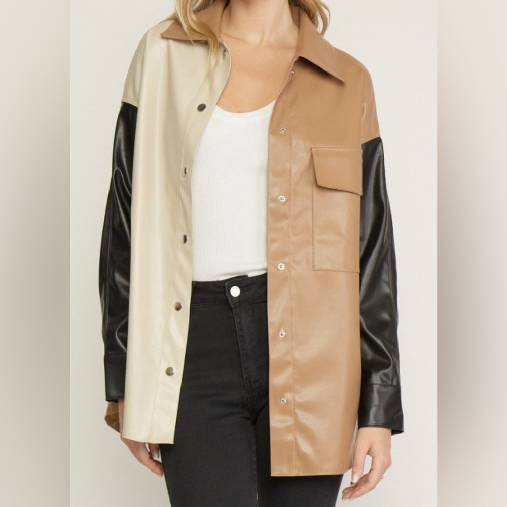 BiBi Color Block Faux Leather Shacket - Picture 3 of 13